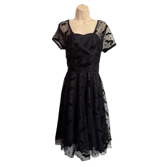 Magnolia Place Black Goth Bat Print Fit & Flare Dress Size M - Picture 4 of 13